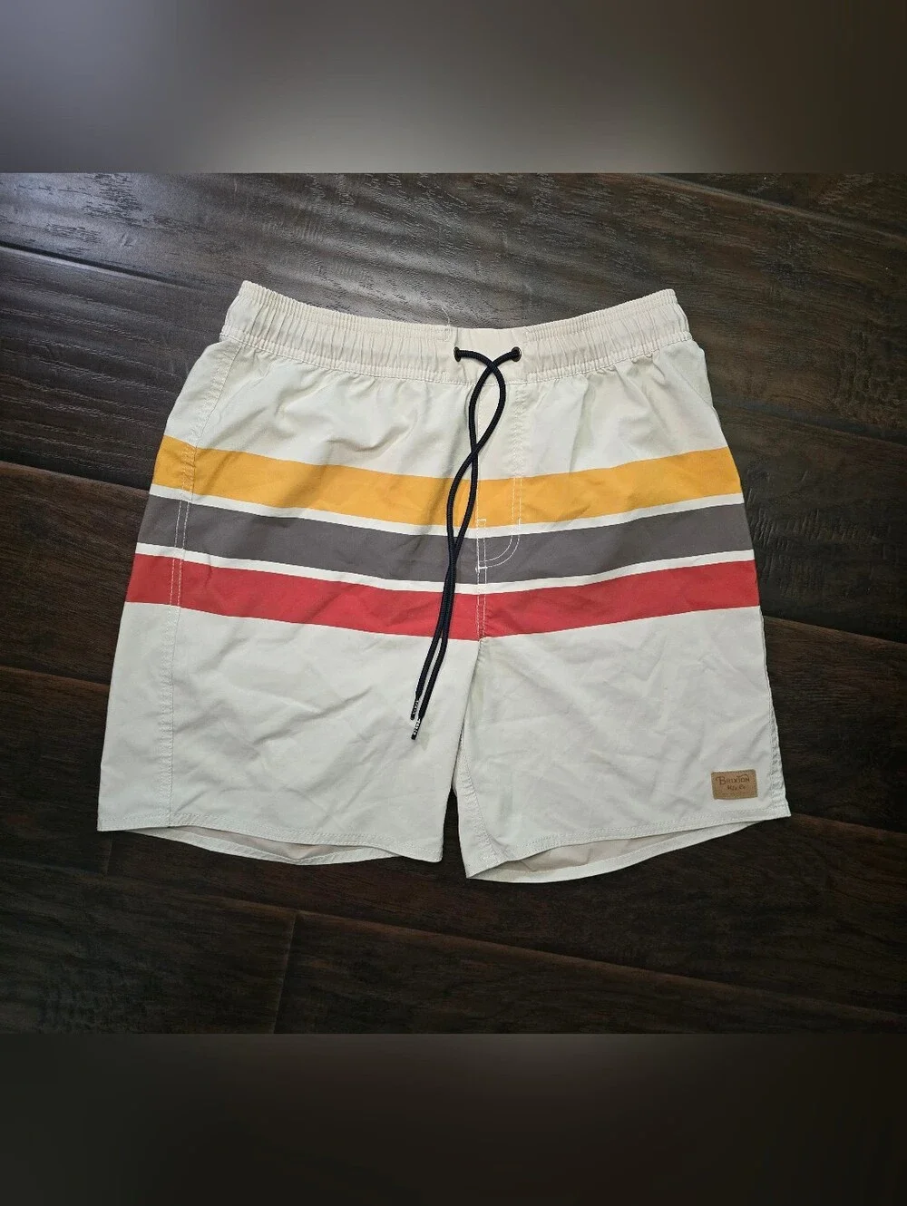 Brixton Mens Striped Beige Boardshorts Swim Trunks no liner Medium